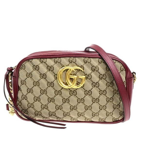 GUCCI Marmont GG Pattern Chain Shoulder Bag Canvas Leather Brown Red - Picture 1 of 16